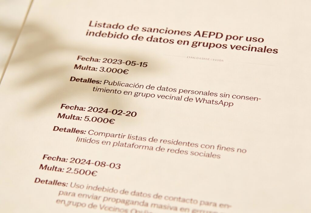 Ejemplos de sanciones AEPD por uso indebido de datos en grupos vecinales