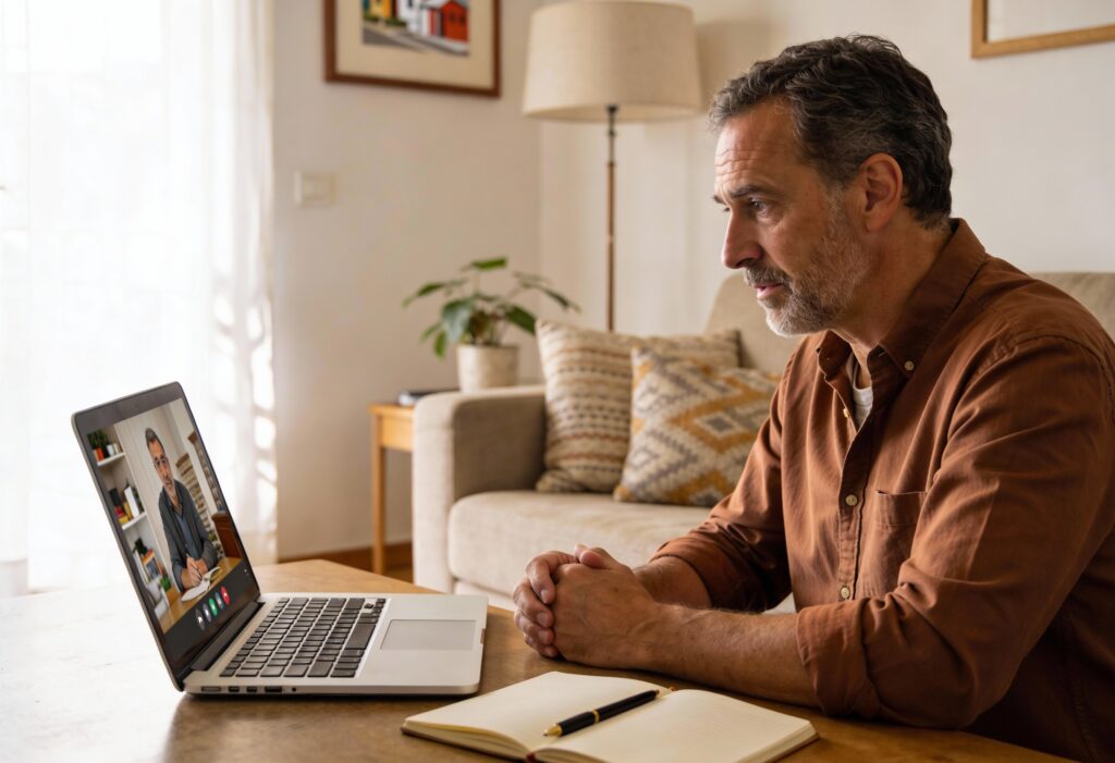 Junta online desde casa de un propietario mayor