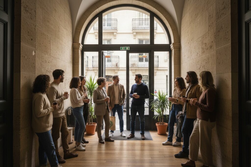 Comunidad pequeña reunida en un portal o patio