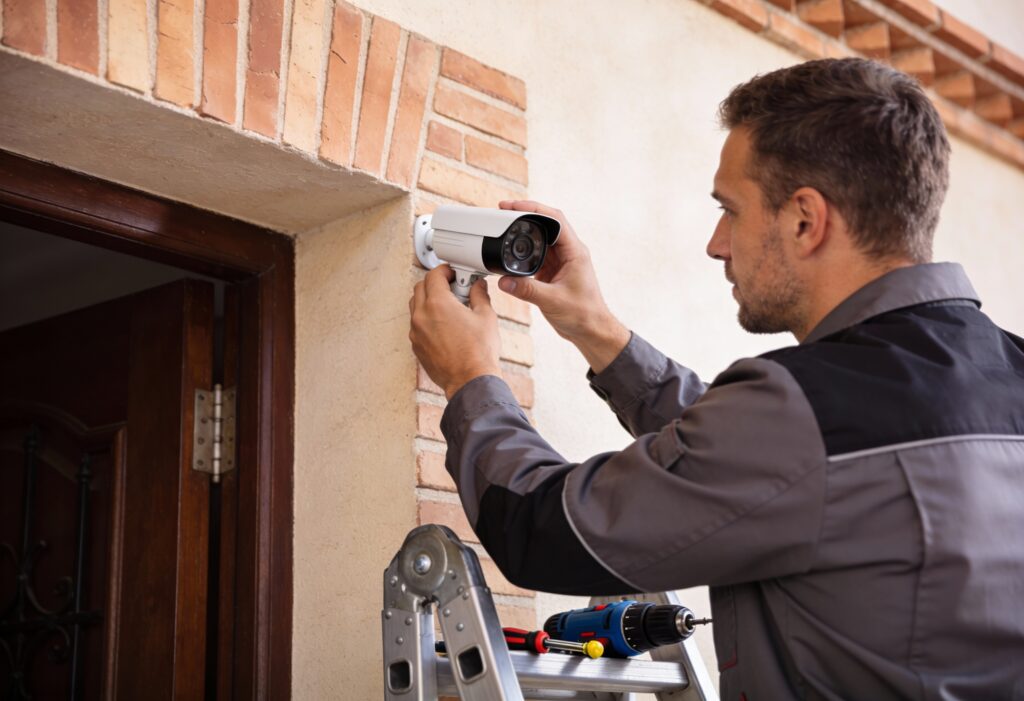 Técnico instalando cámaras con enfoque legal