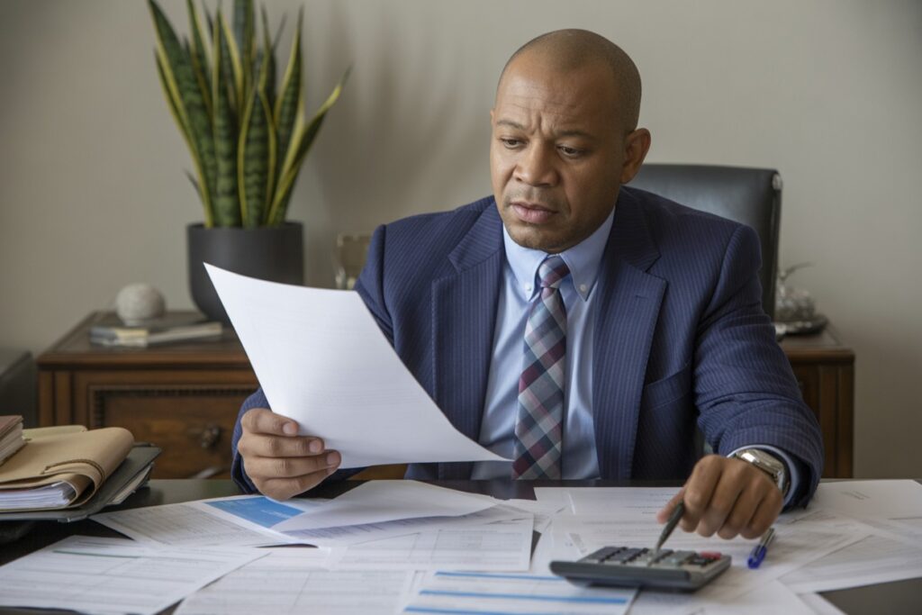 Administrador de fincas revisando documentación contable