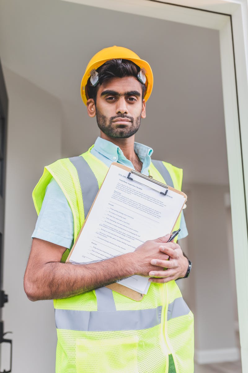 Técnico con casco gestionando la documentación de la inspección técnica del edificio